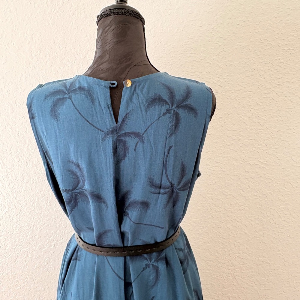 Paradise Found Teal Blue Palm Tree Print Rayon Maxi Dress Made in Hawaii Large - Picture 5 of 9